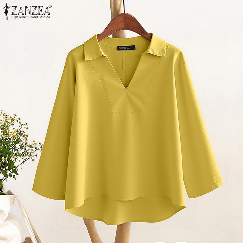 ZANZEA Women Casual Turn Down Collar Loose 3/4 Sleeve Cotton Blouse