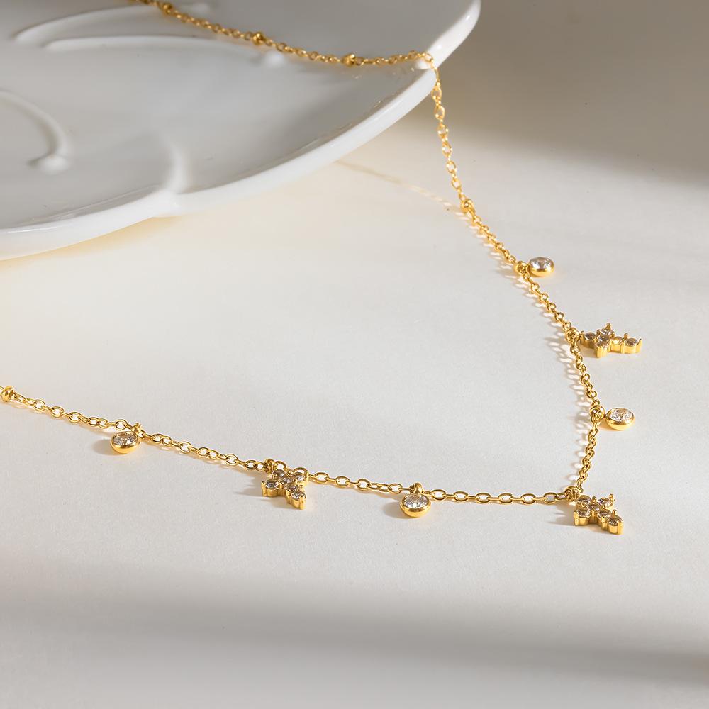 European and American Fashion Plated 18k Gold Zircon Cross Pendant Fringed Collarbone Chain Necklace Women's Stainless Steel Waterproof Jewelry