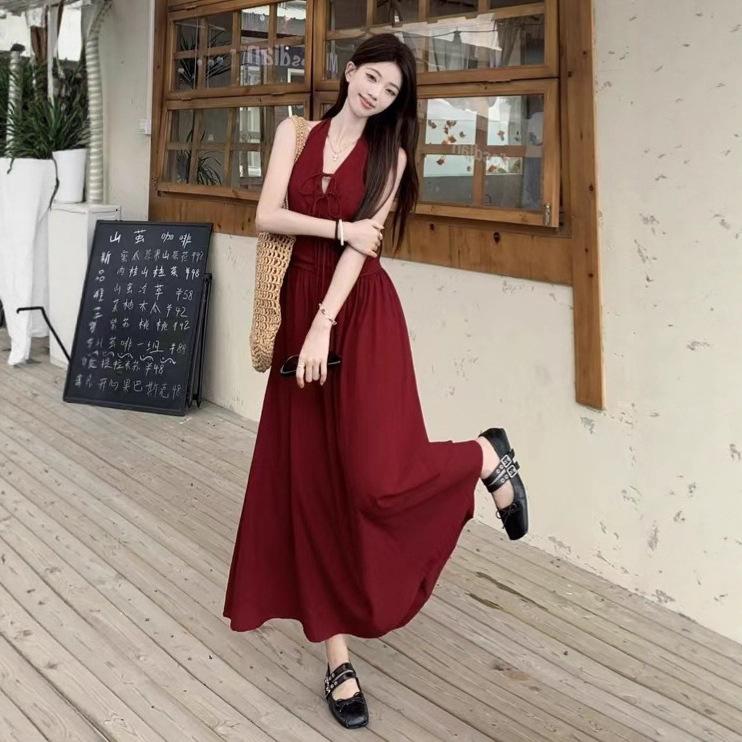 French vacation style red backless sexy sleeveless suspender dress large size thin fairy waist long dress Zixia