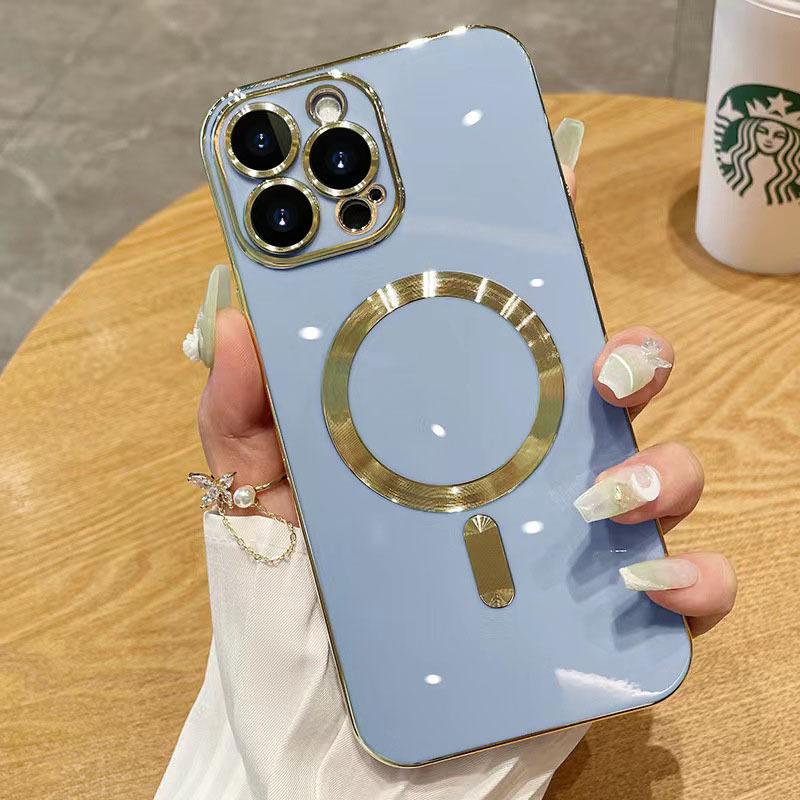Applicable to iphone17promax solid color electroplating magnetic suction mobile phone case Apple 16 with glass lens film protective case