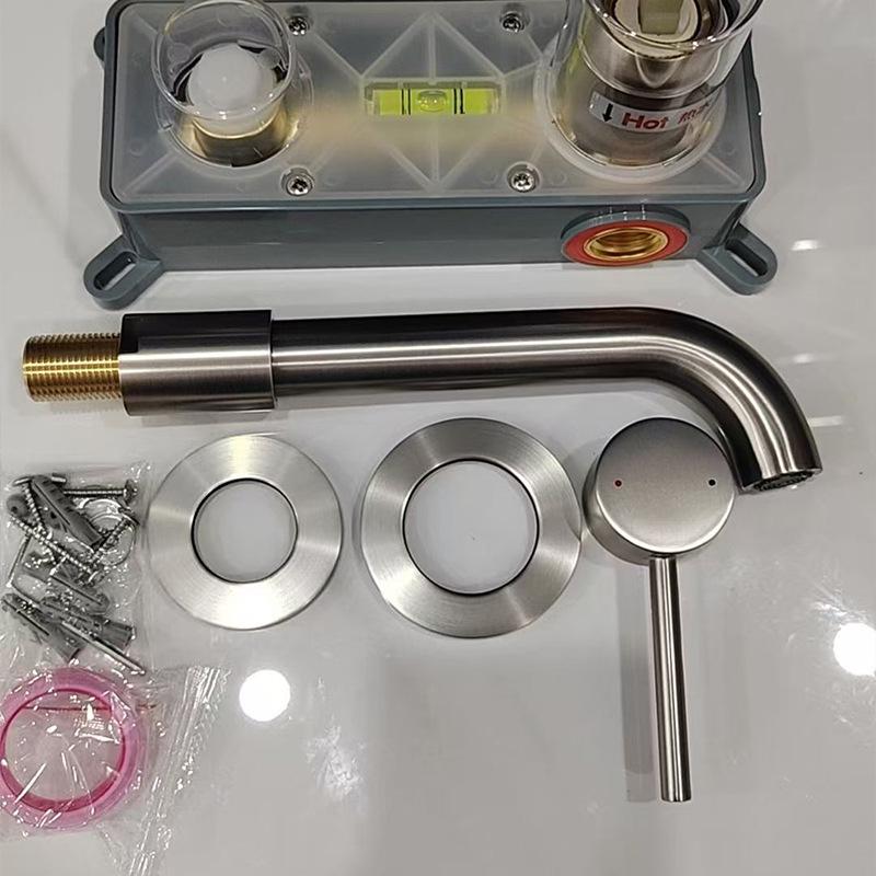 Brushed Nickel Wall-Mounted Basin Faucet with Brass Swivel Spout and Built-in Hot/Cold Controls