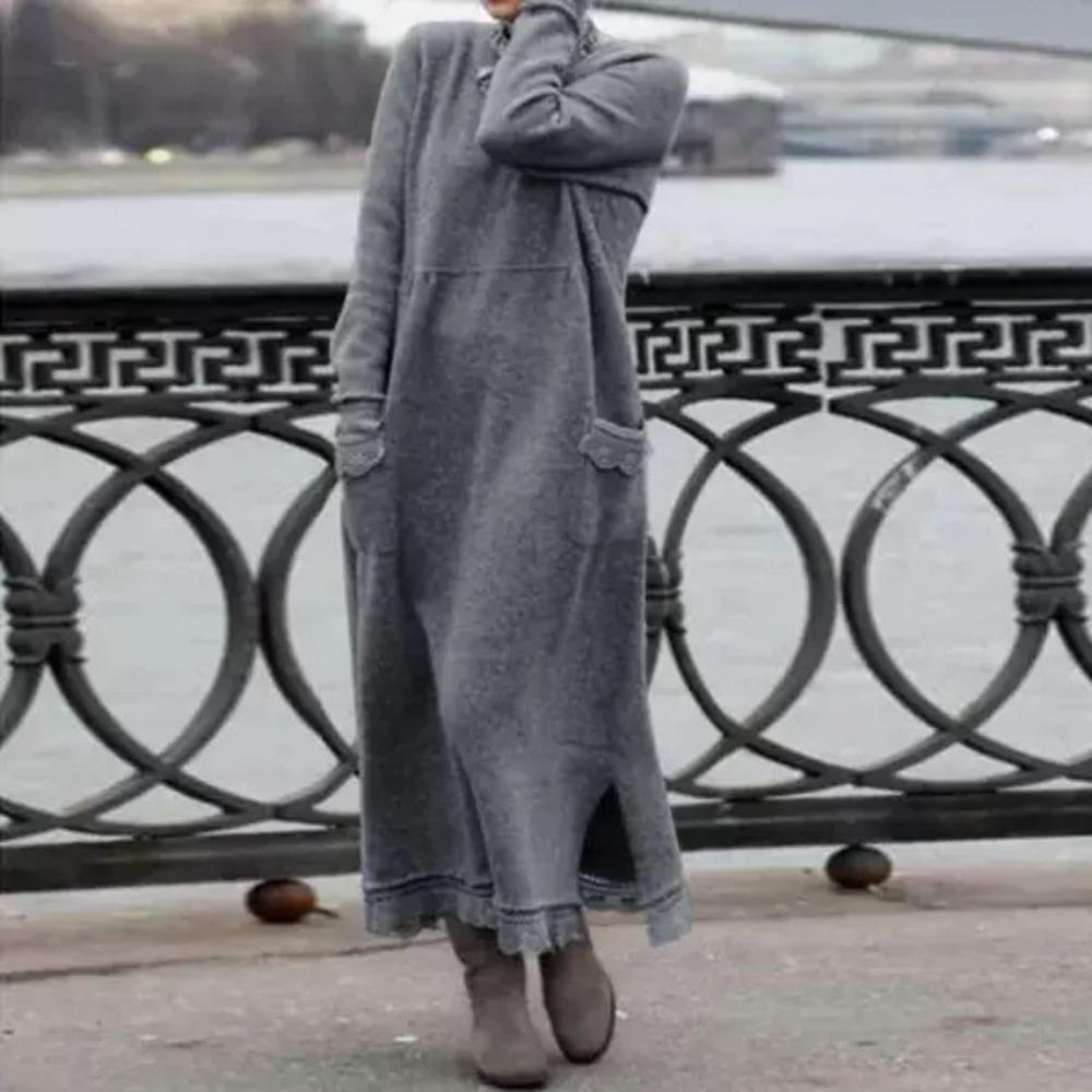 LYRIA New Autumn and Winter Loose Long Skirt Plus Velvet Sweatshirt Casual Dress Women Fashion Solid O Neck Long Sleeve Holiday Dress 5XL