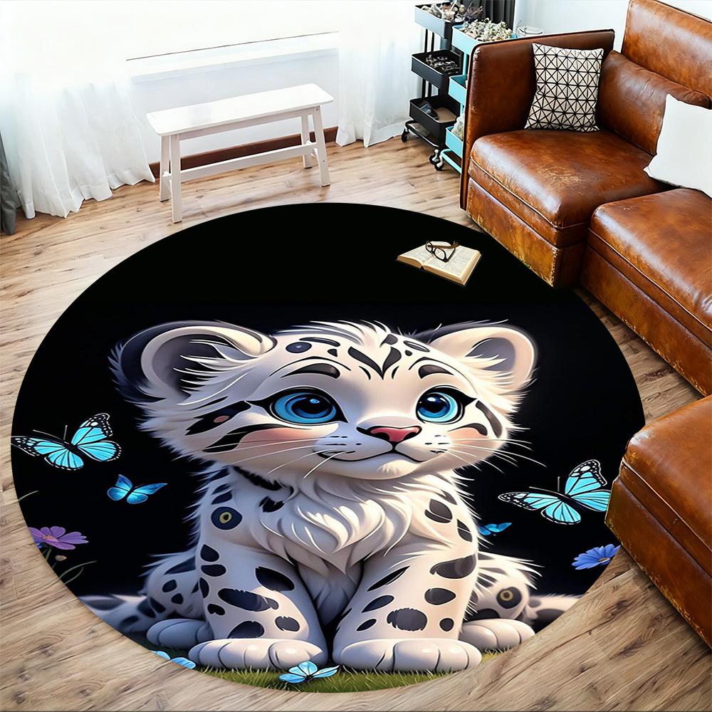 1PC Snow Leopard Round Chair Mat Area Rug - Non-Slip, Floor Mat for Office, Bedroom, Home Decor Christmas Gift C0528085