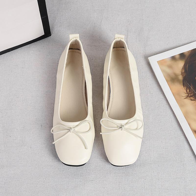 Flat Shoes Women Plus Size 44 Spring Square Head Shallow Mouth Single Shoes Flat Sole Versatile Soft Sole Bow Women's Shoes