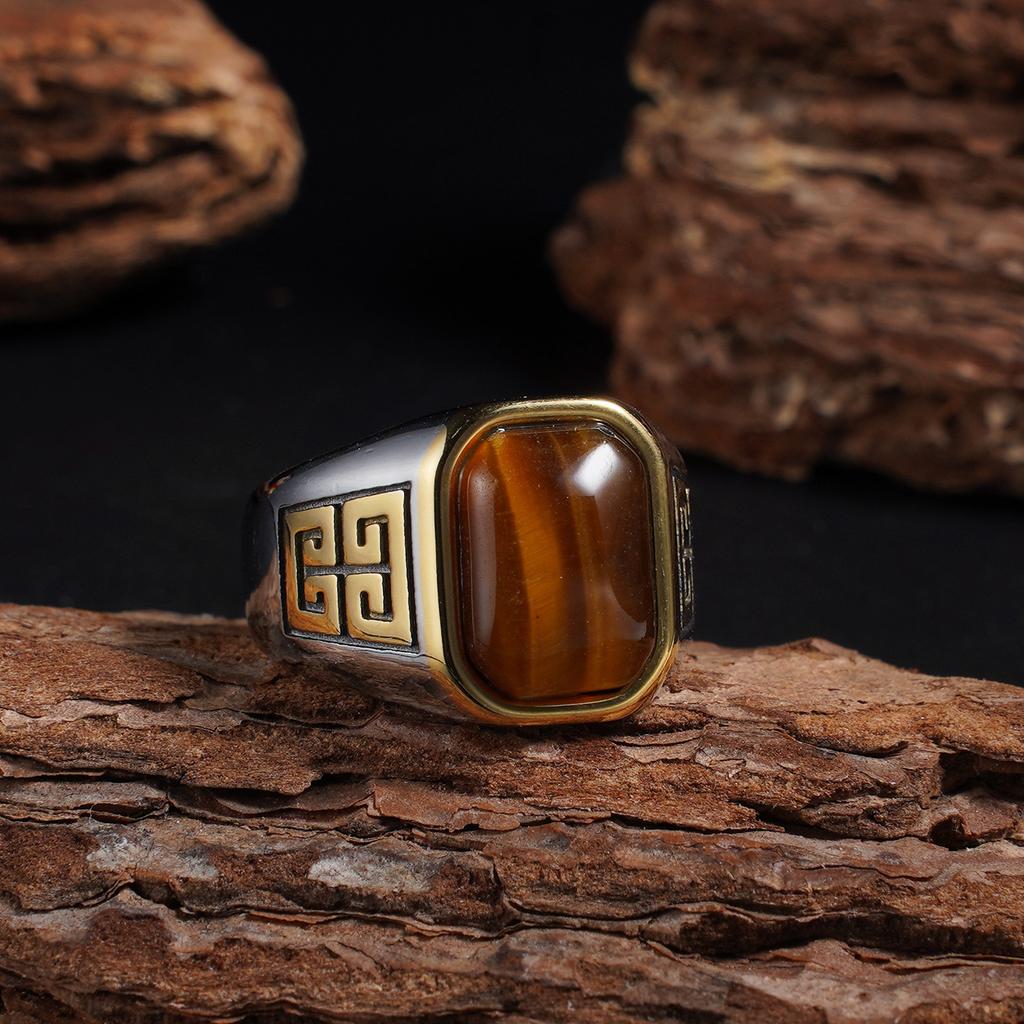 1pc Men's Vintage 316L Stainless Steel Ring with Natural Tiger's Eye Stone Intricate Detailing, Durable Unisex Jewelr