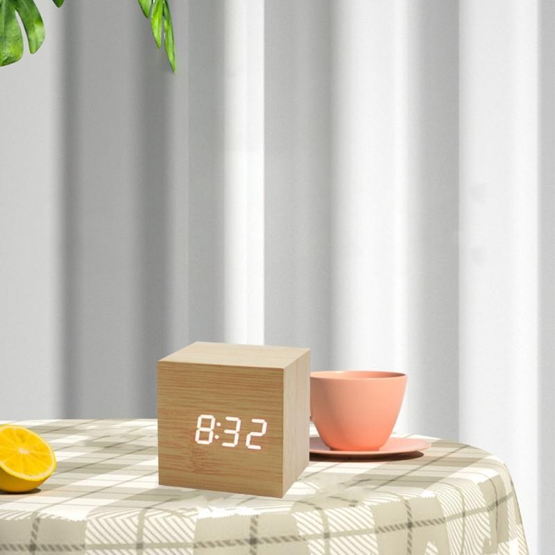 Wood Cube Voice Control Alarm Clock Bedside Table Square Clock Multipurpose for Children Bedroom Dormitory