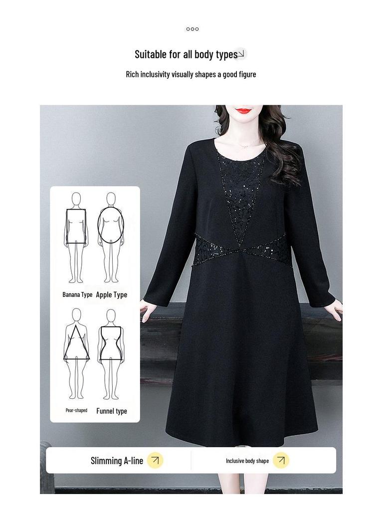 2025 Spring Retro Embroidered Long Sleeve Plus Size Slimming Dress for Middle-Aged Women