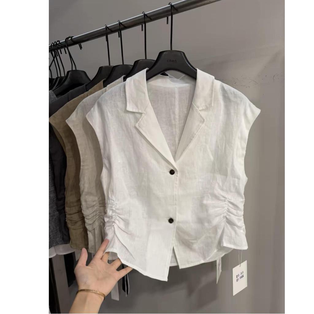 1116 summer new old money style retro linen waist V-neck cotton shirt women's short shirt shirt