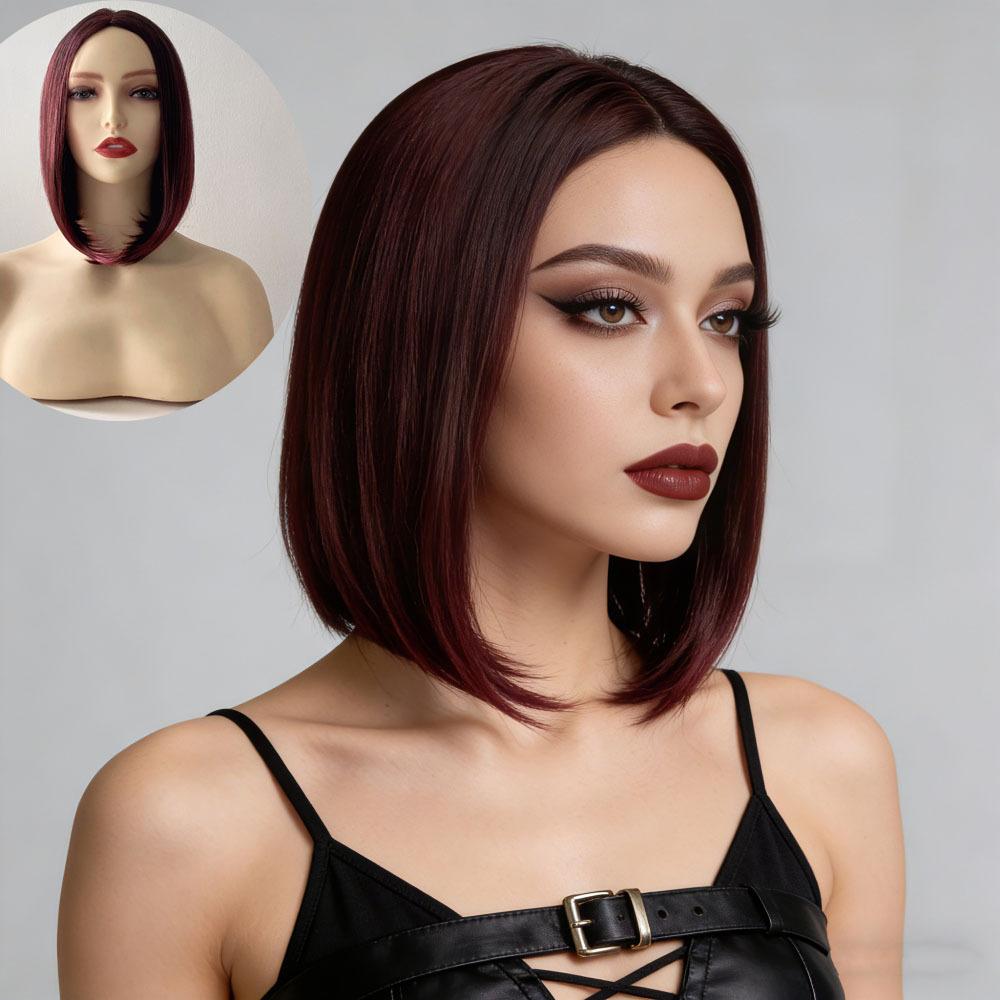 

Women Wavy Wine Red Hair with Middle Split Synthetic Shoulder Length Wigs for Daily Cosplay Party Heat Resistant Fibre вина червоного кольору