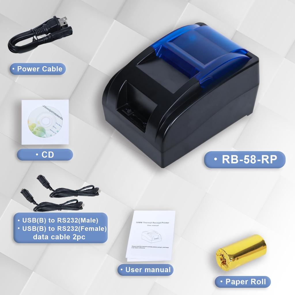 RIBAO RB-58-RP Thermal POS Printer, Receipt Printer for BC-55, BC-40, and BCS-160, Mixed Bill, Money Counter, 58mm USB Cash Drawer Interface, Not for