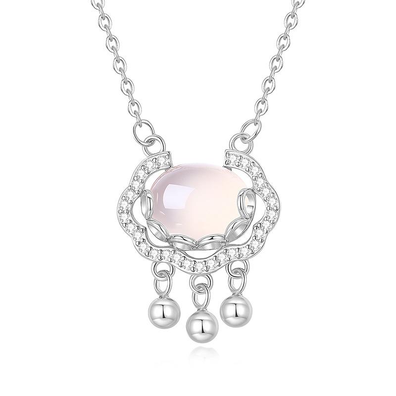 S925 Sterling Silver with Diamonds, Chalcedony White Safety Lock Necklace, Simple Classic Elements, National Style Design Collarbone Chain