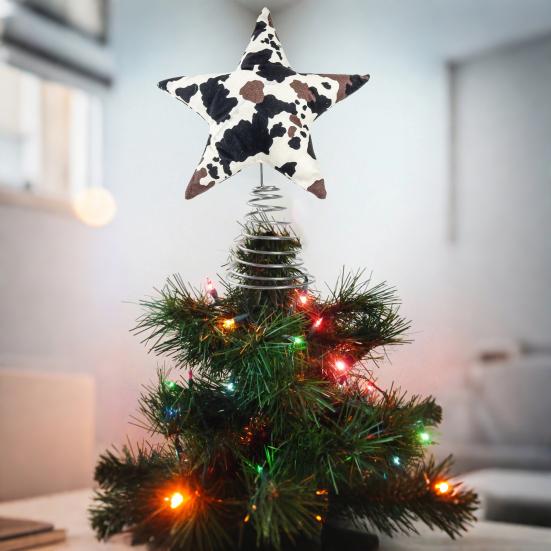 Soft Fabric Star Tree Topper Plush Star Christmas Treetop Ornament with Milk Cow Pattern for Farmhouse Holiday Home Decor