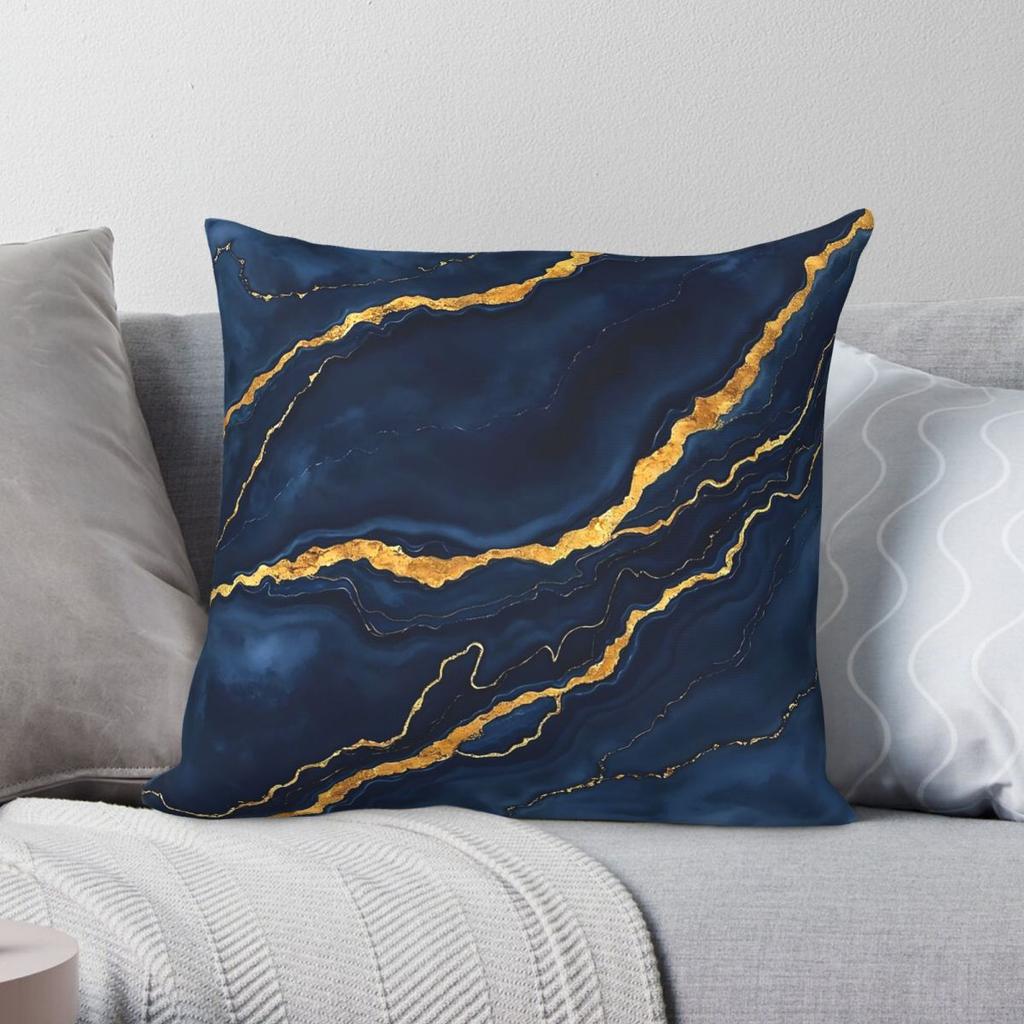 Popular Navy Blue Gold Marble Square Pillowcase Polyester Linen Velvet Pattern Zip Decorative Bed Cushion Cover Wholesale
