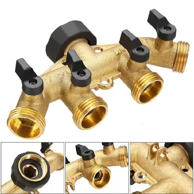 Brass 4 Way Hose Splitter for Outdoor Watering High Flowing Support Multiple Hose Connection Simultaneously Supplies