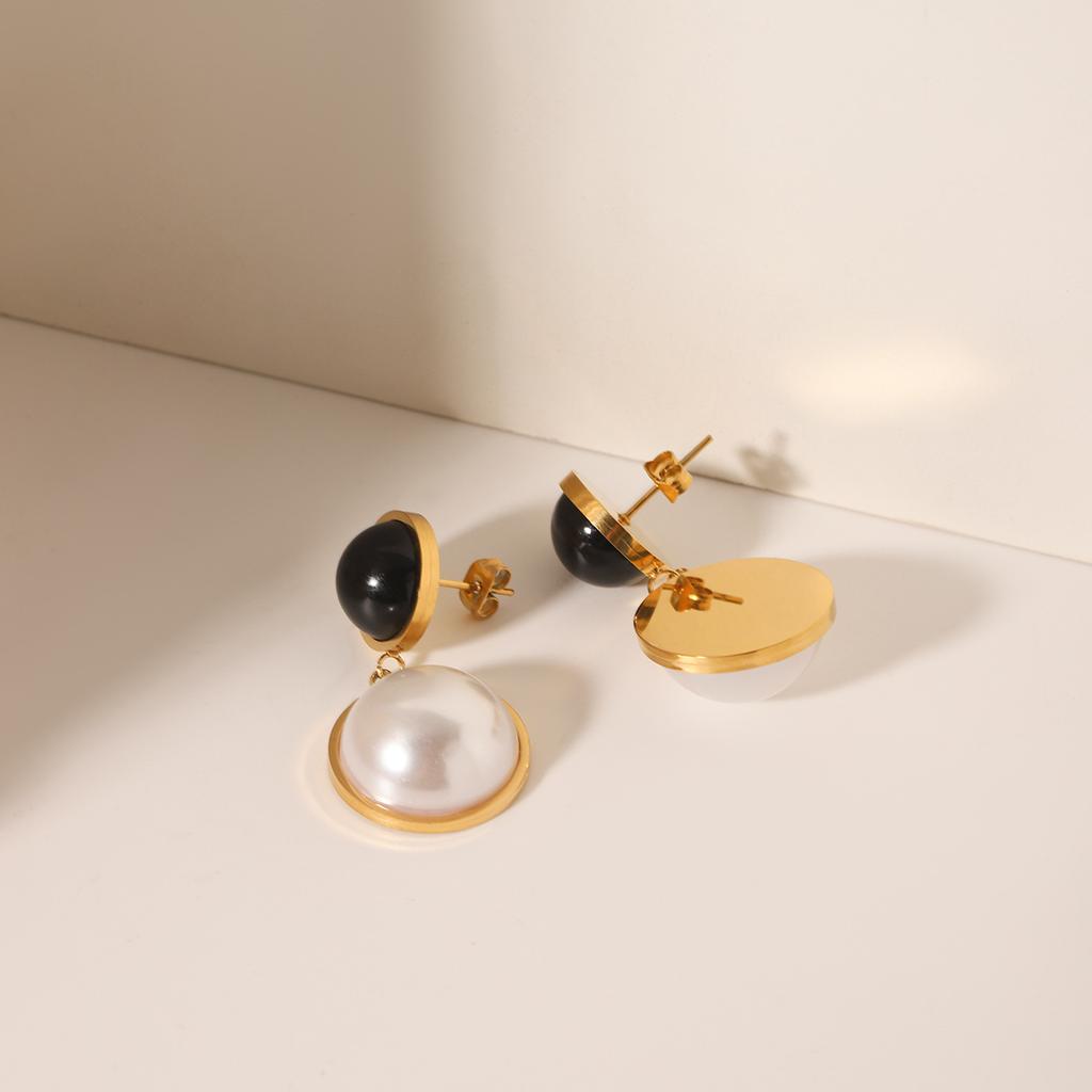 French Light Luxury Vintage Round Stud Earrings, Designer Obsidian Semi-circle Pearl Drop Earrings