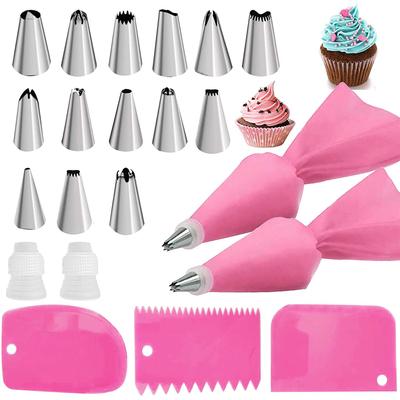 21 Pcs Piping Bag and Tip Set Stainless Steel Cake Decoration Supplies Kit with 14 Piping Tips 2 Pastry Bags 2 Couplers 3 Icing