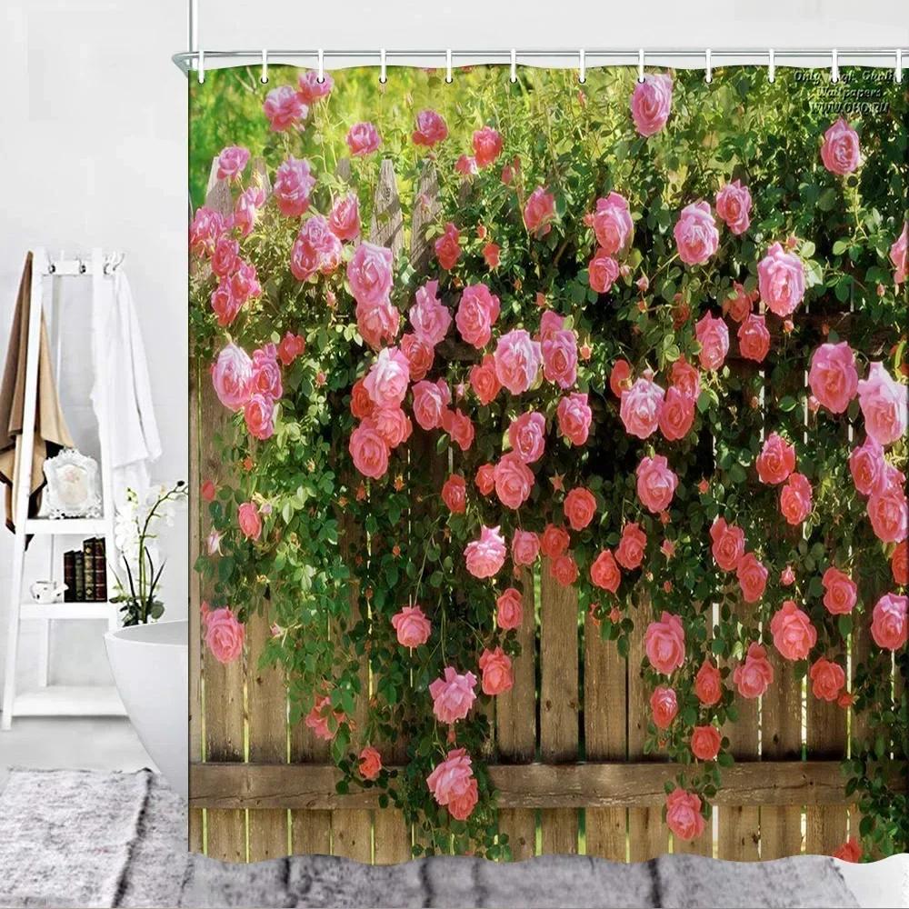 Outdoor Garden Shower Curtain Rose Flower Fence Spring Garden Nature Landscape Bathroom Shower Partition Decorative Curtain