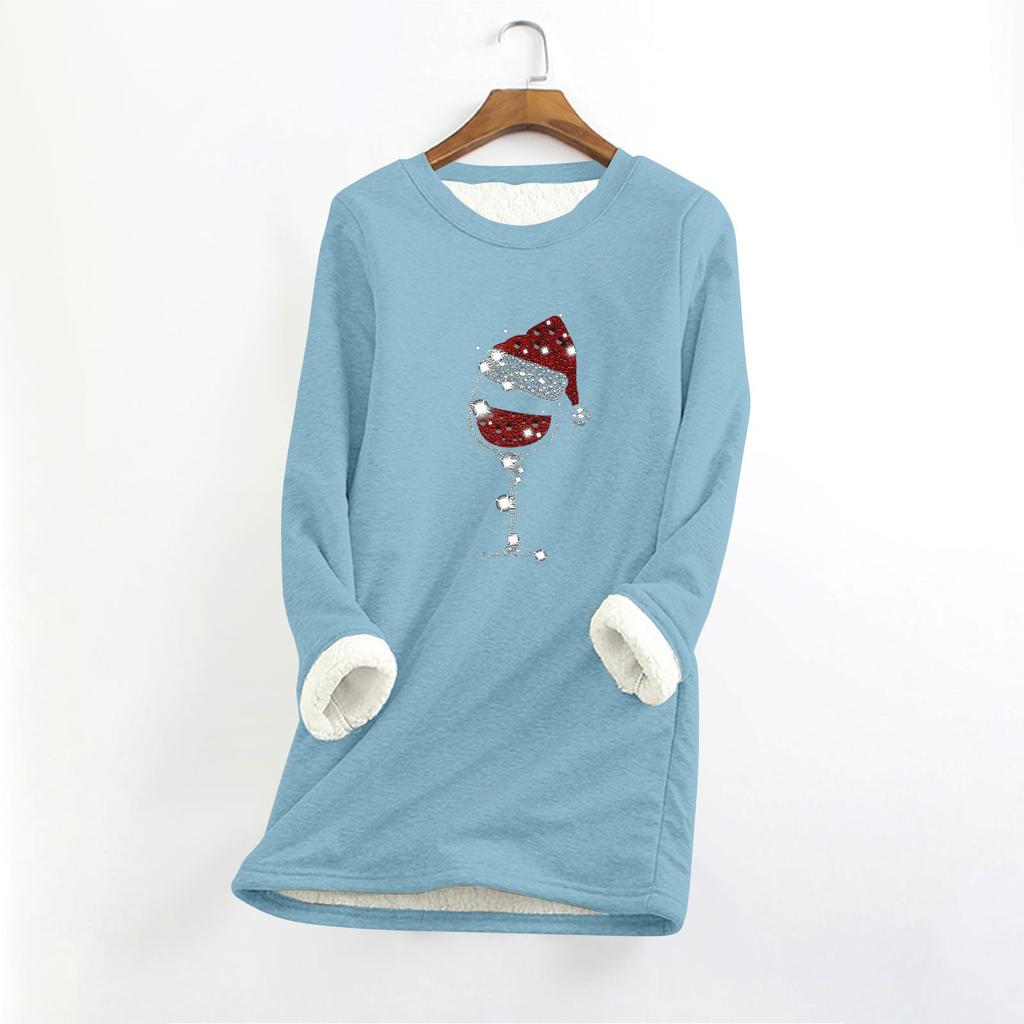 Top longo feminino com decote redondo e manga comprida, estampa de natal, grosso, pelúcia, cashmere, quente