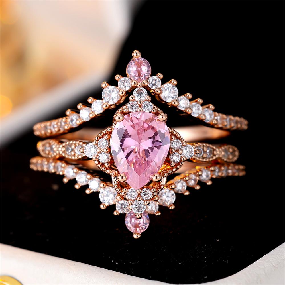 s Pink Zircon Water Drop Stone Rings Sets For Women Vintage Gold Color Engagement Bands Wedding Jewelry Set Versatile Gifts