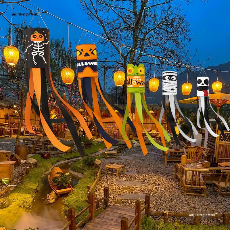 Halloween Outdoor Hanging Decorations: Pumpkin & Ghost Wind Sock Flags