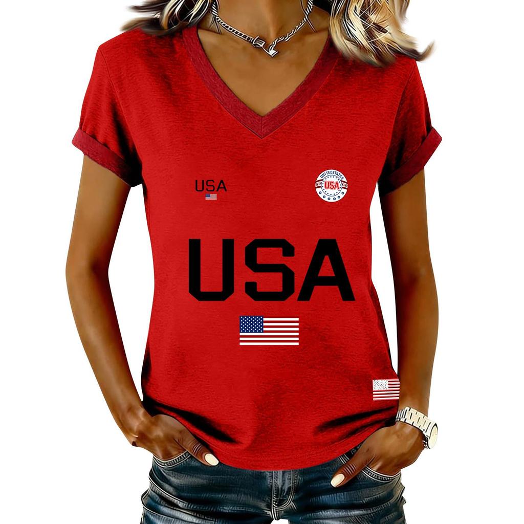 Damen Lässiger V-Ausschnitt Kurzarm Pullover Bedrucktes T-Shirt Top