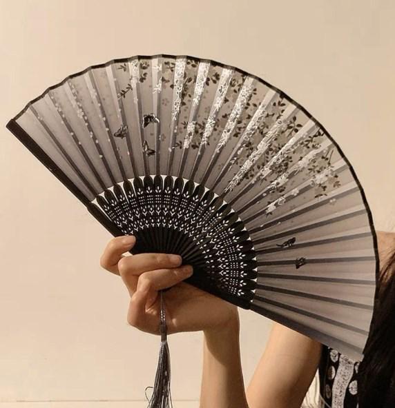 Portable Black Bamboo Folding Fan for Hanfu and Dance