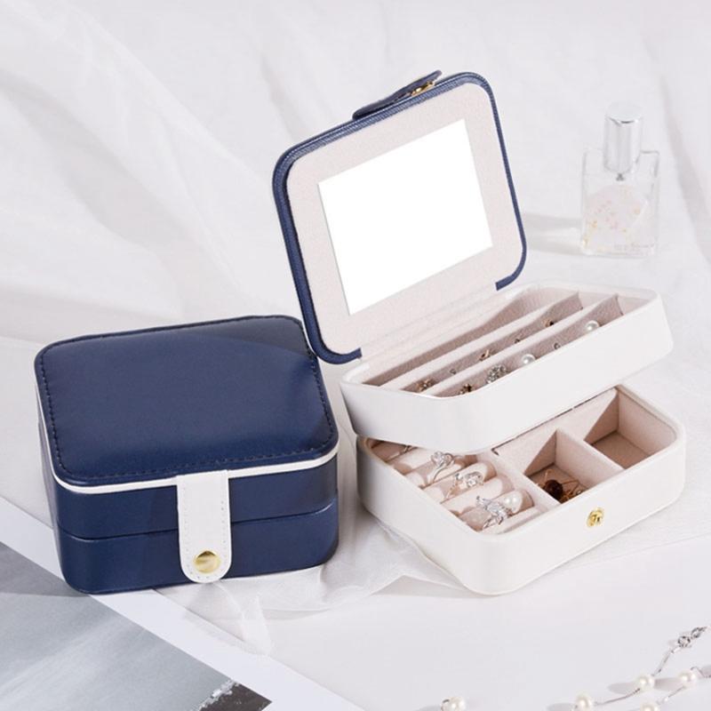 

PU Leather Portable Travel Jewelry Storage Box Double Layer Ring Earrings Organizer Case with Mirror White