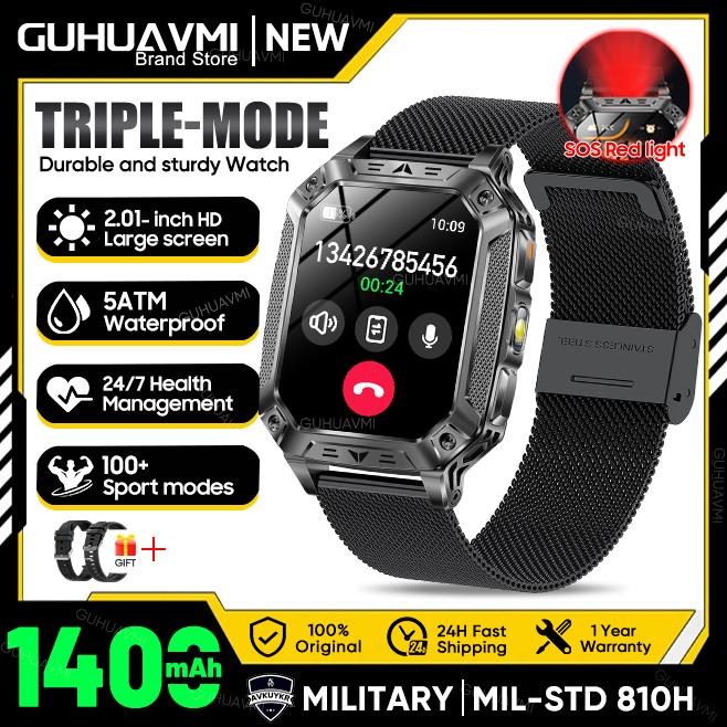 New Outdoors Durable Military Men Smart Watch 1400mAh battery 5ATM Swim LED flashlight+SOS Red Light Sports Call Smartwatch