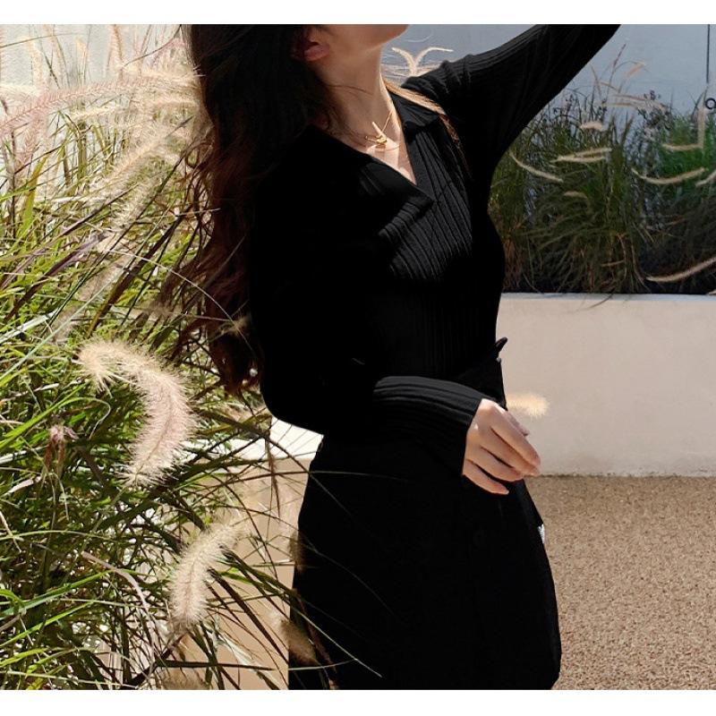 

Однотонный женский трикотажный свитер с длинным рукавом и лацканами, весенний новый облегающий топ-рубашка для ношения под низ One Size чёрный