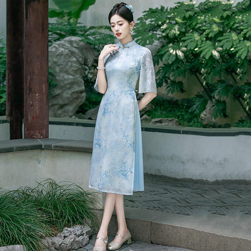 Blue Aodai national style new Chinese Suzhou cheongsam improved young 1011 new women's high-end dress summer