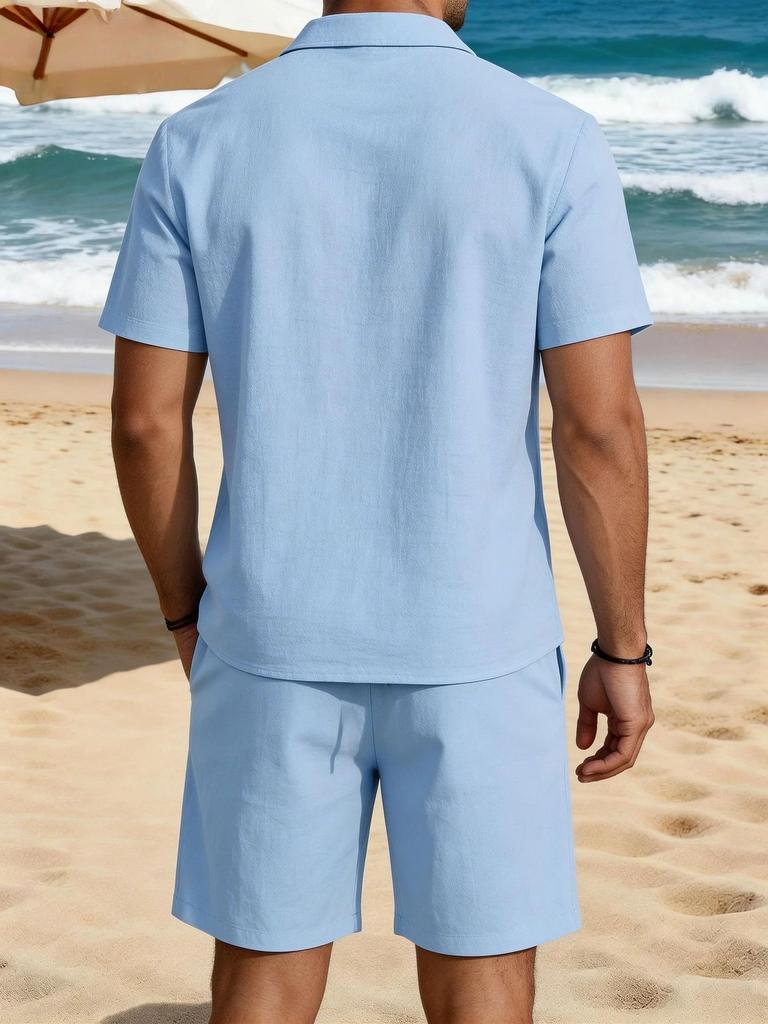 Mens Casual Loose Breathable Short Sleeve Shirt And Shorts Beach Set