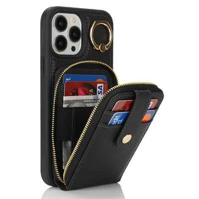 למארז iPhone 14 Pro Max עם כיס רוכסן/מעמד טבעת/רצועה מרקם ליצ'י PU + TPU כיסוי טלפון