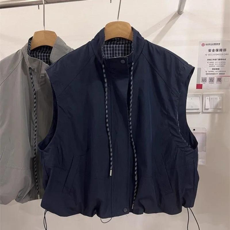 

Designed Drawstring Stand-up Collar Striped Vest for Women Early Autumn Loose Casual Layered Sleeveless Style Jacket Trendy 2XL темно-синього кольору