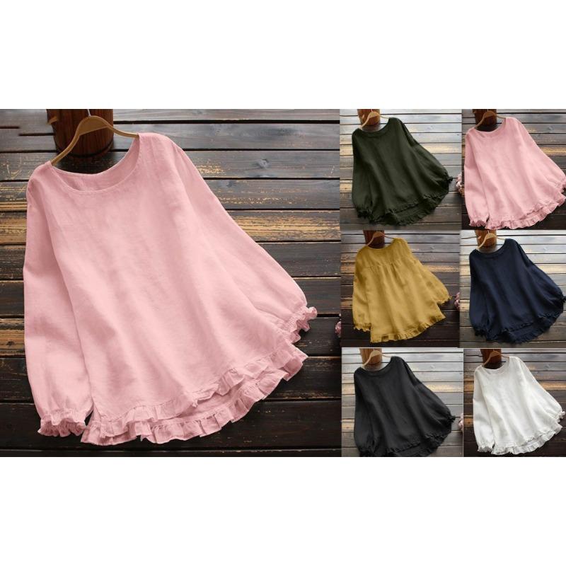 Women S Loose Fit Long Sleeve Round Neck Shirt With Ruffled Cuffs And Hem