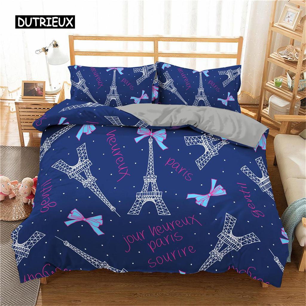 Eiffel Tower Duvet Cover Set King Paris Eiffel Tower Themed Bedding Set Polyester Cityscape Romantic Pink Love Heart Quilt Cover