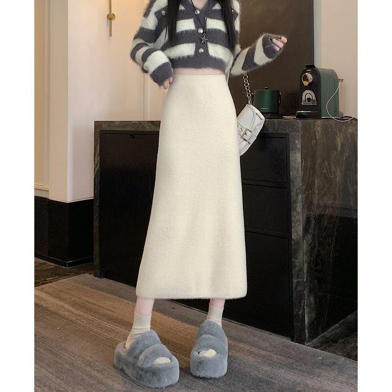 Knit Skirt Winter Thick Sweet High Waist Straight Midi Slit Bodycon Pencil Skirt