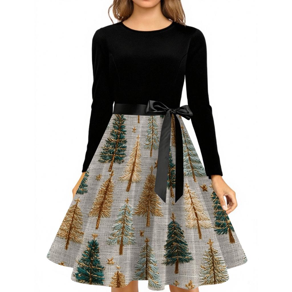 Women's Casual Vintage Christmas Print Neck Dress for Holiday Party