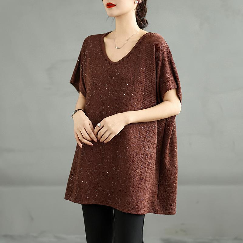 

Dimanaf 2025 Новые летние топы больших размеров, футболки, повседневные футболки для женщин с коротким рукавом, однотонные, свободные, большие размеры One Size коричневый