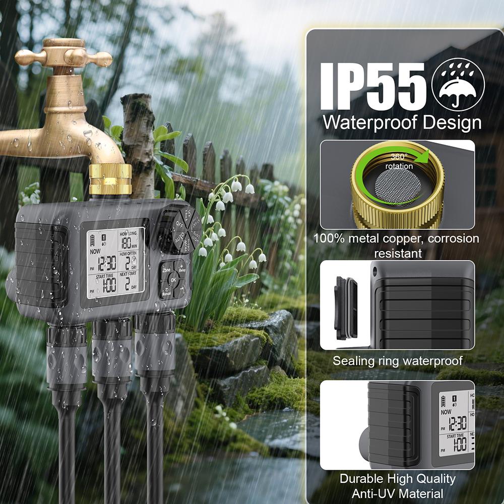 3 Outlets Digital Water Timer Automatic Irrigation Watering System Timing Controller Timed Water Valve for Garden Planting