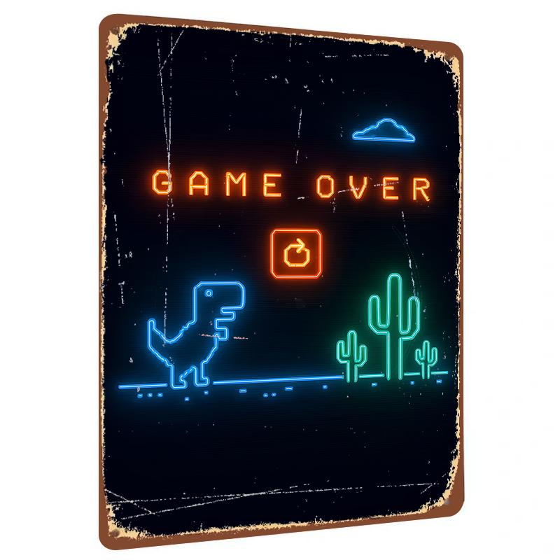 

Game Over Neon Style Metal Wall Art Dinosaur Cactus Design Vintage Gaming Room Decor 20x30cm（7.8x11.8inch）