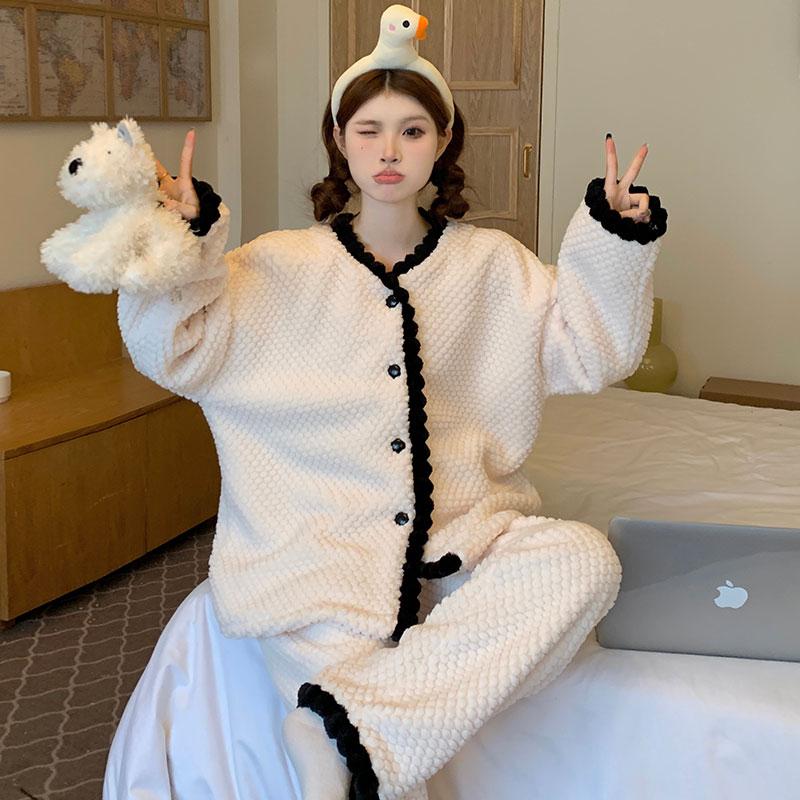 Ladies Pyjama Women Winter Flannel Pajama Set Fleece Pajamas Sleepwear Thick Warm Velvet Female Homewear Suit Cute Sweet Pijama