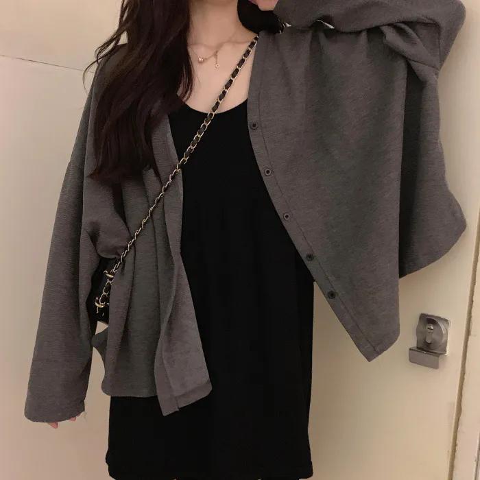 

WTEMPO Большие размеры однотонные свободные кардиганы на пуговицах, женские повседневные универсальные кардиганы с длинным рукавом, трикотажные изделия XXL темно серый