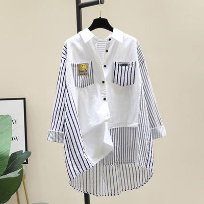 Long Striped Shirt Women's Loose Fit Korean Style Blouse with Patchwork