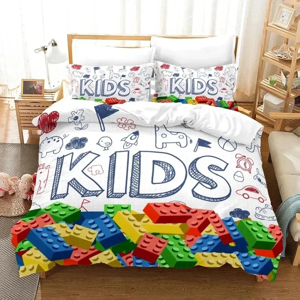 Colorful Toy King Queen Duvet Cover 3D Building Block Pattern Bedding Set Fun Brick Quilt Cover Gradient Rainbow Comforter Cover