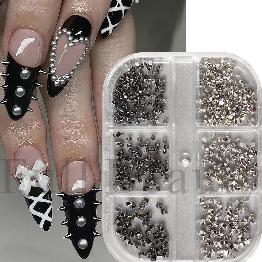 Nail Art Jewelry 6-Grid Box Black Silver Gold Square Rivet Punk Nail Jewelry