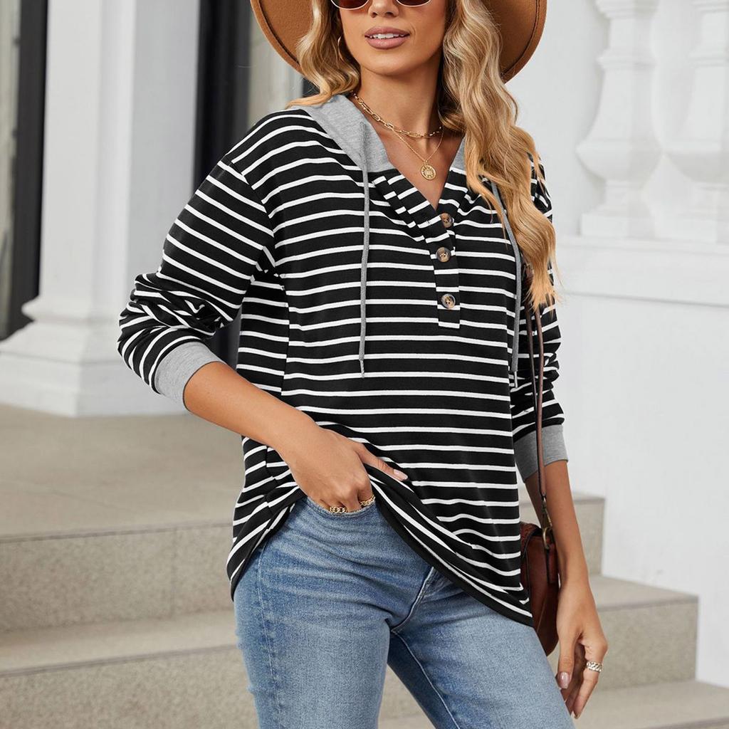 Women Sweatshirt Long Sleeve Collared Pullover Tops Fall Outfits Striped Tops