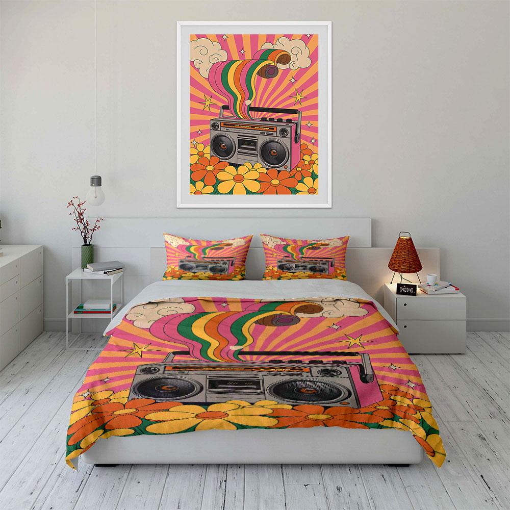 Boombox, Flowers, Stars, Rainbow. Bedding Sets Duvet Cover Sets Duvet Covers Pillowcases(1 * Duvet Cover 2 * Pillowcases, Without Duvet Insert)