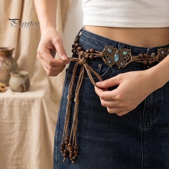 Beach Vacation Jewelry Bohemian Rope Waist Belt for Women, Vintage Rhinestone Braided Cord Festival Clothing Chain, Adjustable Layered Belly
