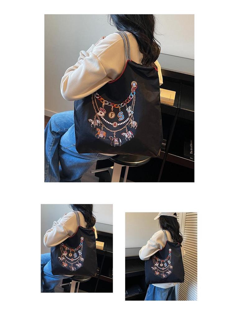 2026 Spring Japanese Style Eco-friendly Nylon Embroidered Tote - Large Capacity Casual Single Shoulder Bag for Women