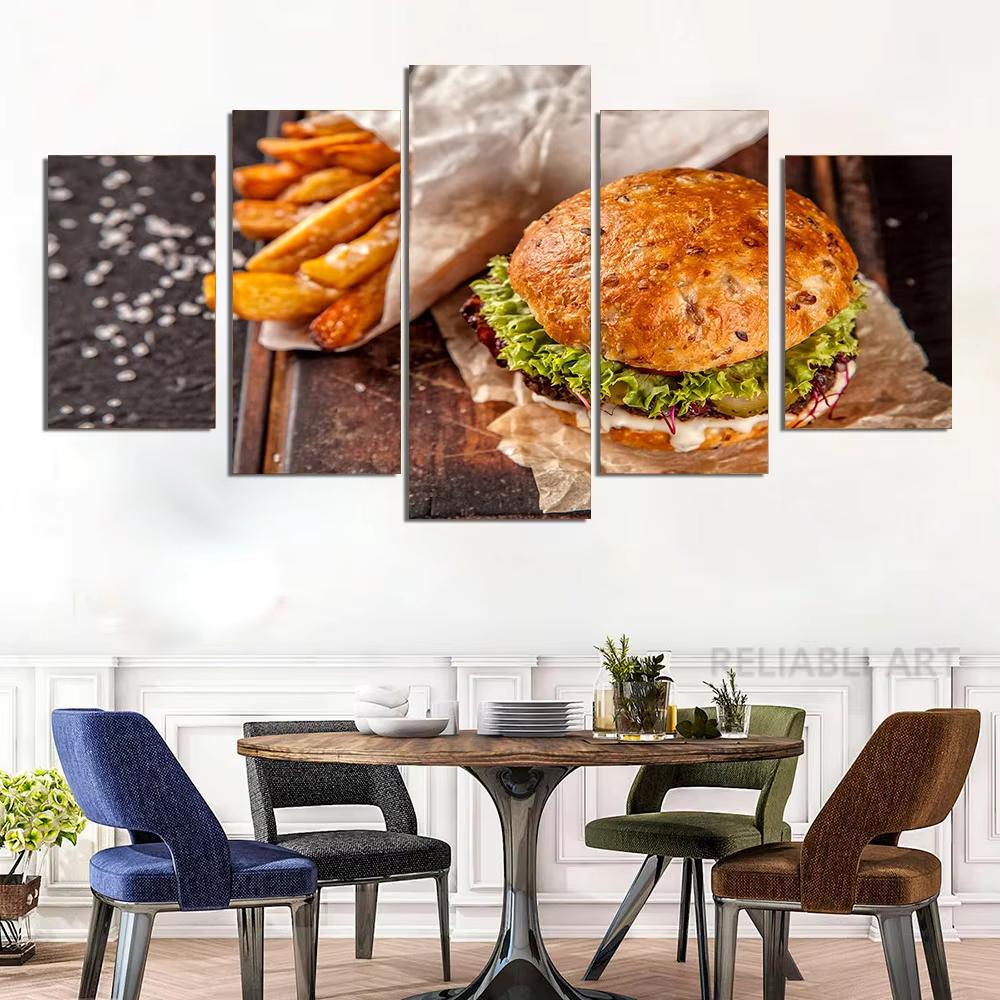 5 Panel Cheesy Beef Burgers HD Pictures Canvas Painting Delicious Fast Food Hamburger Posters for Dinning Room Wall Decor Quadro